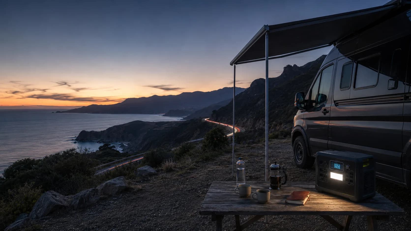 Camper junto a la costa al atardecer con una power station sobre una mesa exterior