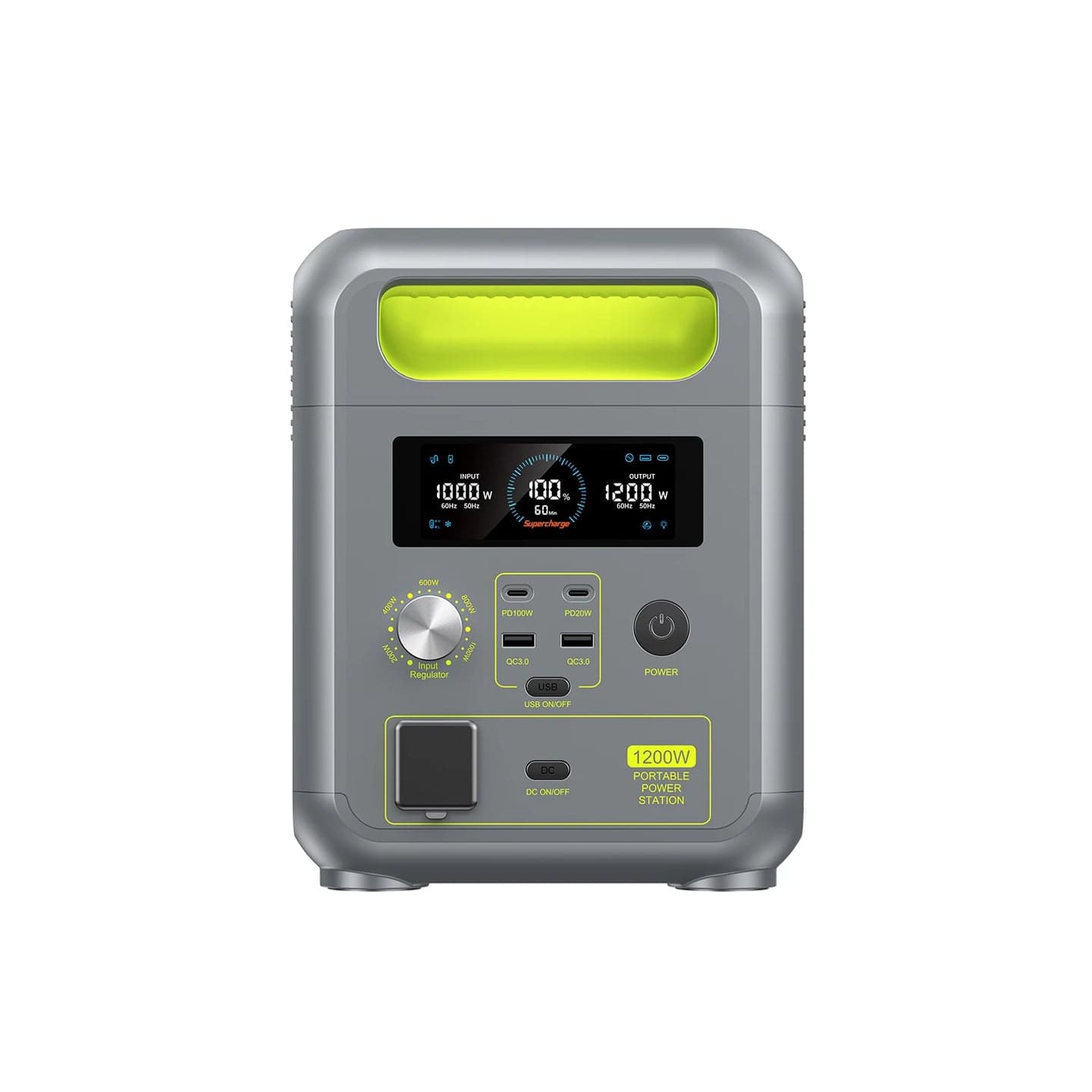 Panel frontal de la FOSSiBOT F1200 con pantalla y puertos USB