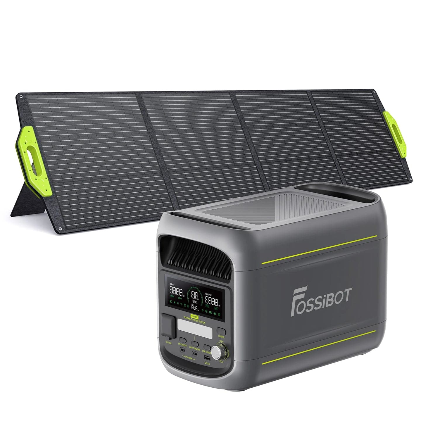 FOSSiBOT F1800 junto a un panel solar plegable