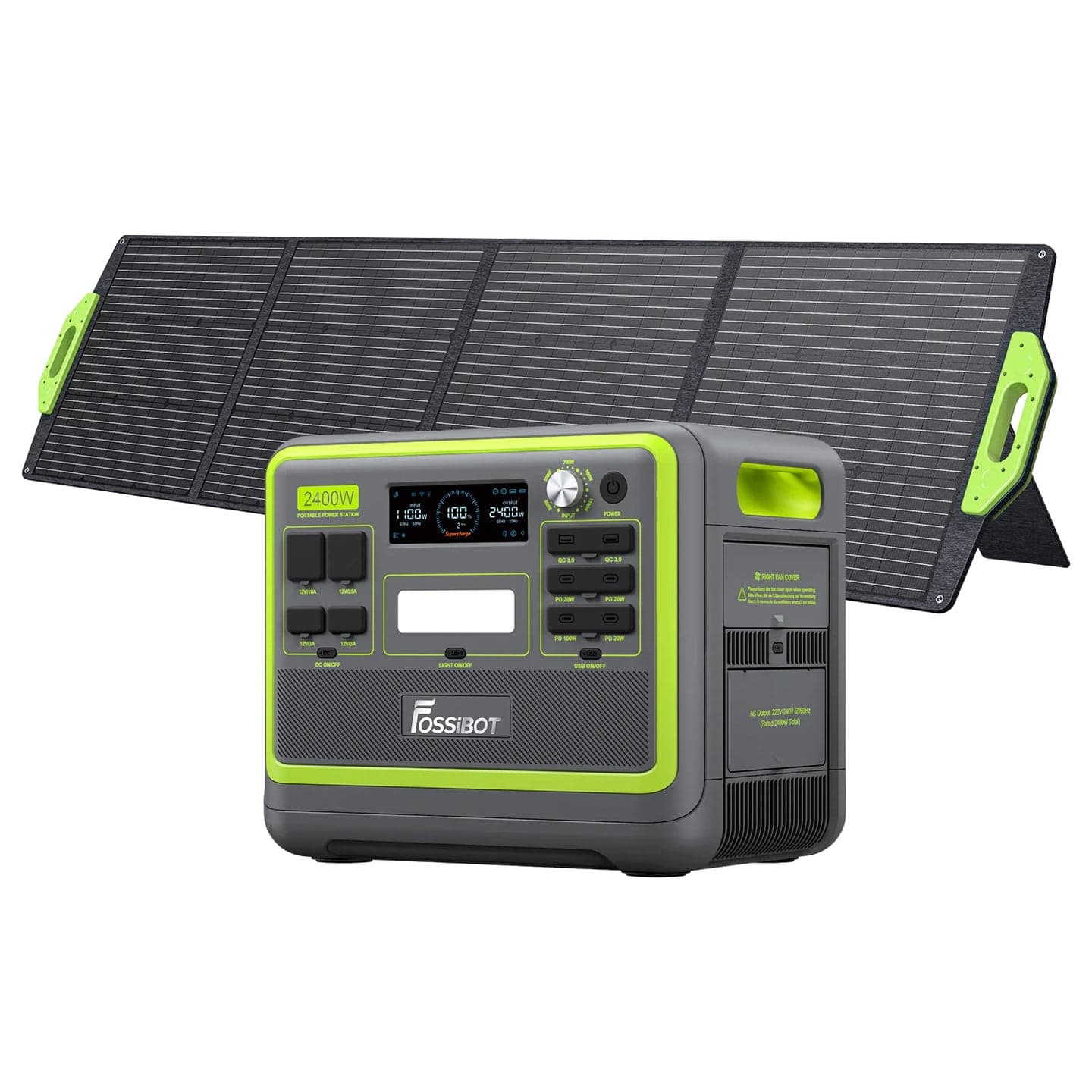 FOSSiBOT F2400 junto a un panel solar plegable